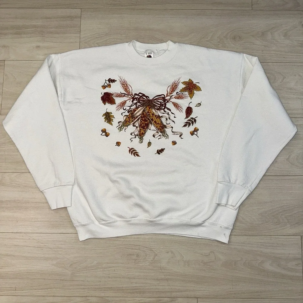 Vintage 90s‎ Fall Autumn Crewneck Sweater Size XL Leaves White Lifestyles Corn